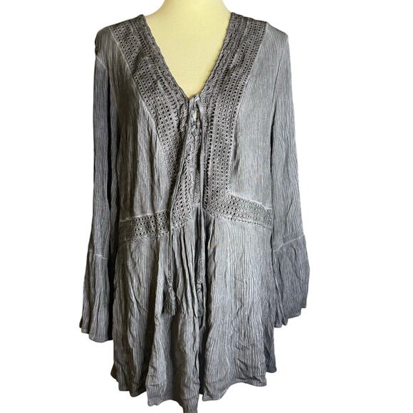 Torrid Boho Peasant Babydoll Tunic Top, Crochet Lace, Gray, Plus Size 2 (18/20) - Picture 1 of 8